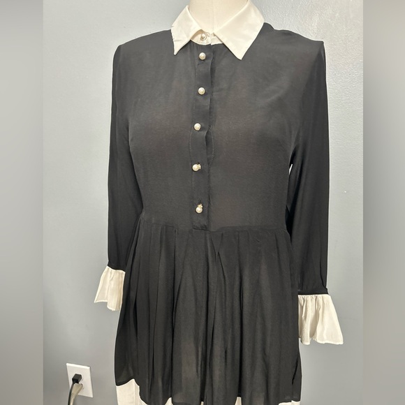 Beulah Silk Pleated Black White Collared Below Knee Dress, Size M - Picture 16 of 16